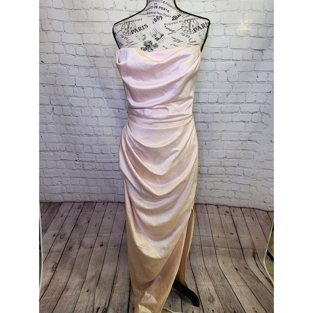 House Of CB Adrienne Satin Strapless Gown Womens Medium Blush Pink Ruched Side